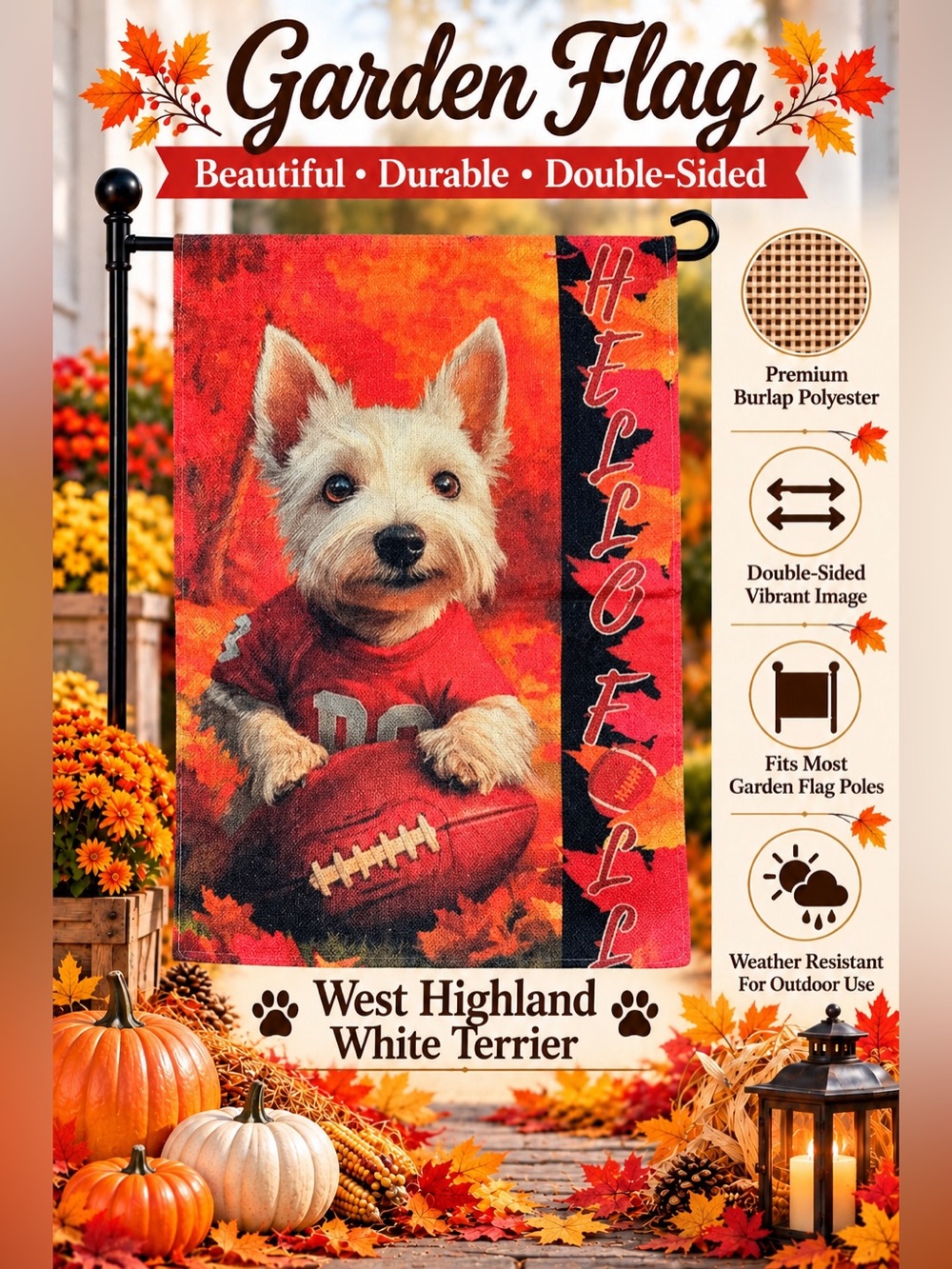 Garden Flag, West Highland White Terrier, burlap, double-sided, 12”x18”
